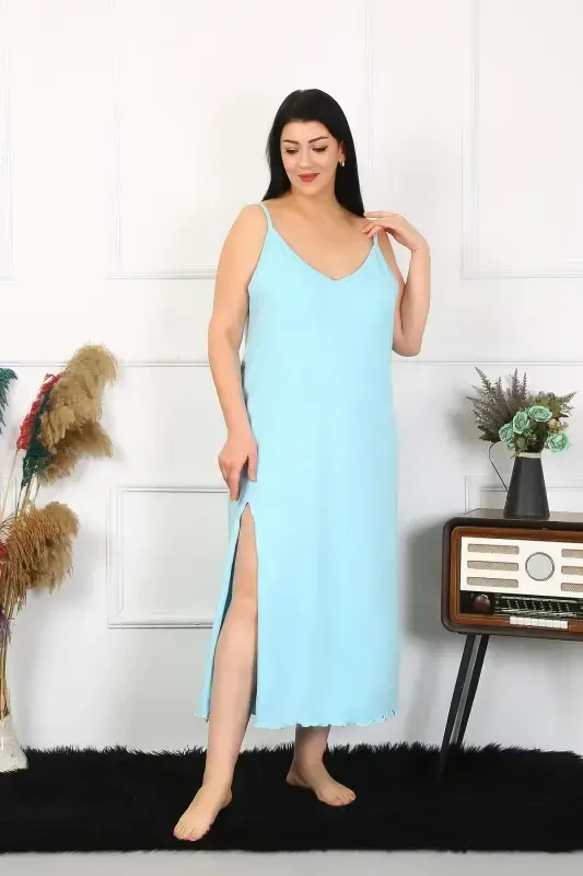 Akbeniz Women's Plus Size Spaghetti Strap Cotton Blue Long Nightgown 12100 - AKBENIZ