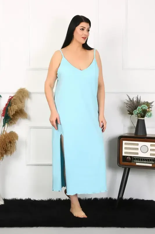Akbeniz Women's Plus Size Spaghetti Strap Cotton Blue Long Nightgown 12100 - 3