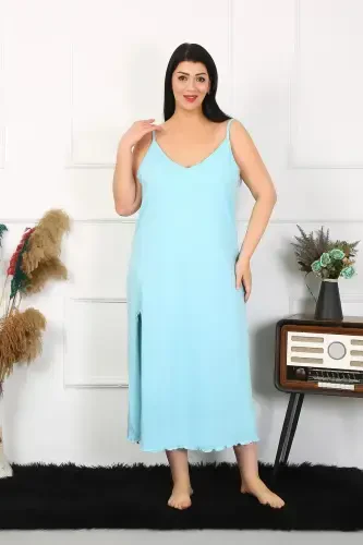 Akbeniz Women's Plus Size Spaghetti Strap Cotton Blue Long Nightgown 12100 - 4