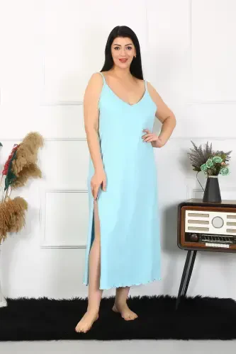 Akbeniz Women's Plus Size Spaghetti Strap Cotton Blue Long Nightgown 12100 - 5