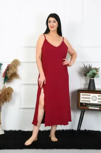 Akbeniz Women's Plus Size Spaghetti Strap Cotton Burgundy Long Nightgown 12100 