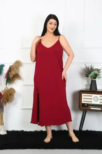 Akbeniz Women's Plus Size Spaghetti Strap Cotton Burgundy Long Nightgown 12100 - 3