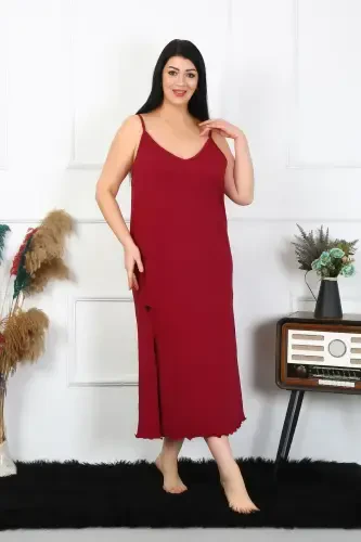 Akbeniz Women's Plus Size Spaghetti Strap Cotton Burgundy Long Nightgown 12100 - 4