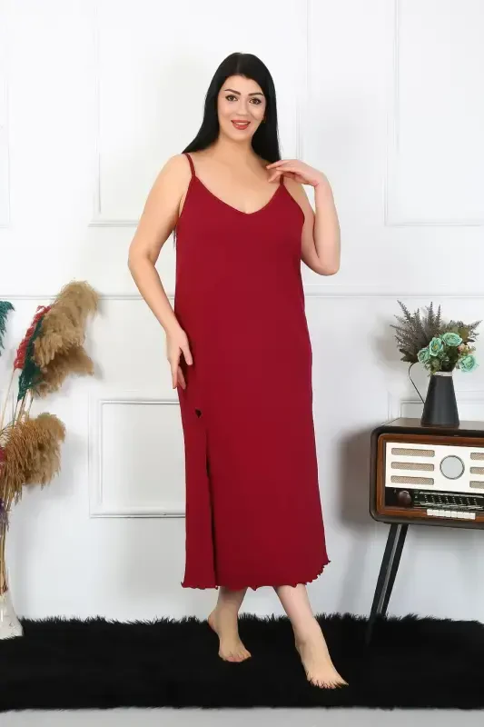 Akbeniz Women's Plus Size Spaghetti Strap Cotton Burgundy Long Nightgown 12100 - 4