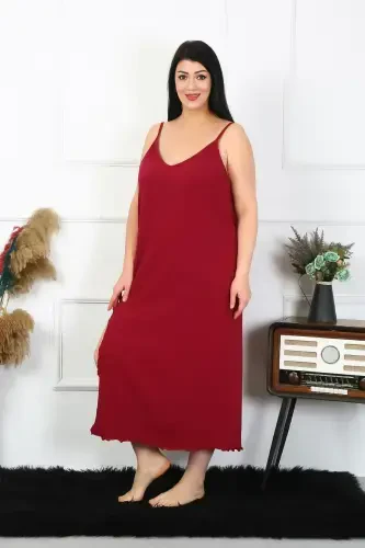 Akbeniz Women's Plus Size Spaghetti Strap Cotton Burgundy Long Nightgown 12100 - 5