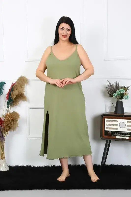 Akbeniz Women's Plus Size Spaghetti Strap Cotton Khaki Long Nightgown 12100 - 1