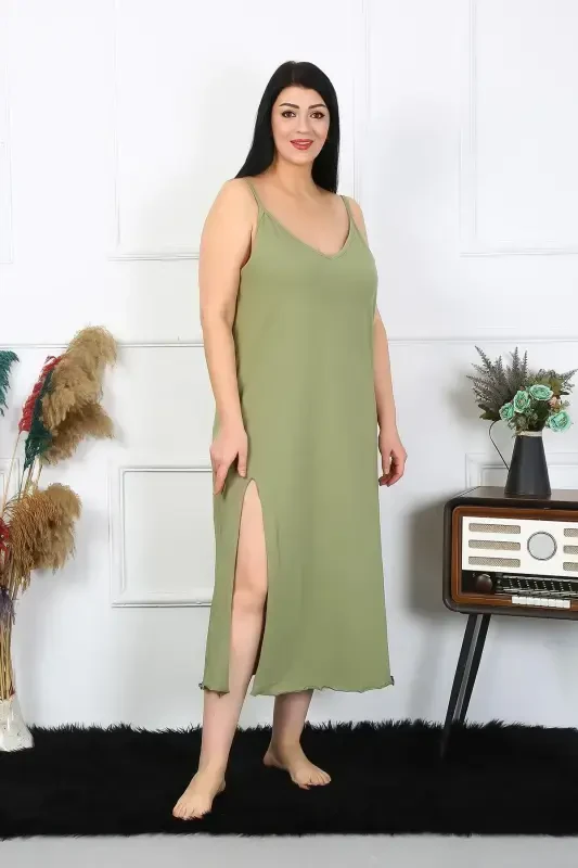 Akbeniz Women's Plus Size Spaghetti Strap Cotton Khaki Long Nightgown 12100 - 2