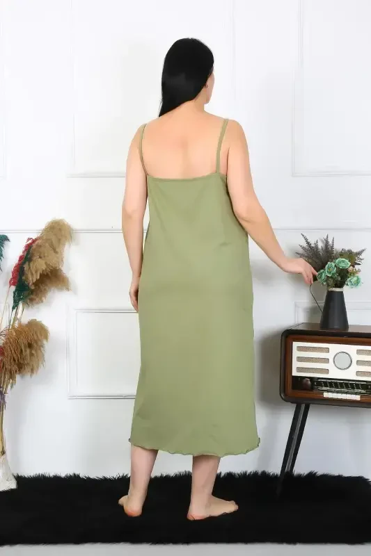 Akbeniz Women's Plus Size Spaghetti Strap Cotton Khaki Long Nightgown 12100 - 3