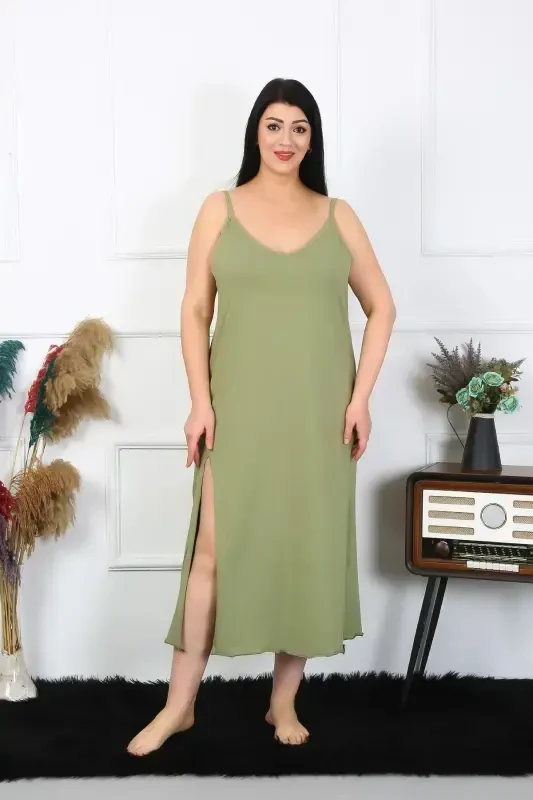Akbeniz Women's Plus Size Spaghetti Strap Cotton Khaki Long Nightgown 12100 - 4