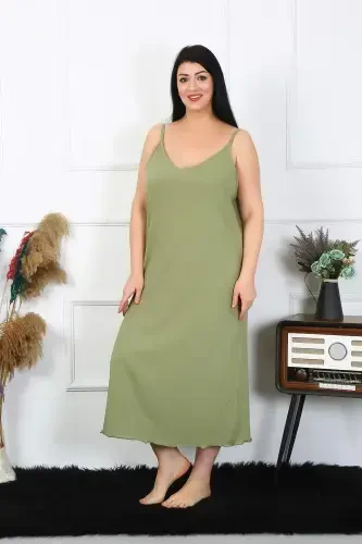 Akbeniz Women's Plus Size Spaghetti Strap Cotton Khaki Long Nightgown 12100 - 5