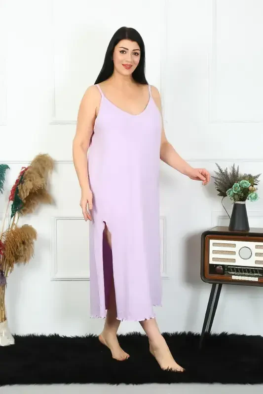 Akbeniz Women's Plus Size Spaghetti Strap Cotton Lilac Long Nightgown 12100 - AKBENIZ