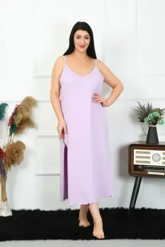 Akbeniz Women's Plus Size Spaghetti Strap Cotton Lilac Long Nightgown 12100 - 3