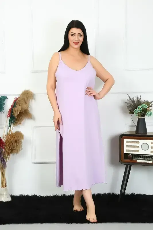Akbeniz Women's Plus Size Spaghetti Strap Cotton Lilac Long Nightgown 12100 - 3
