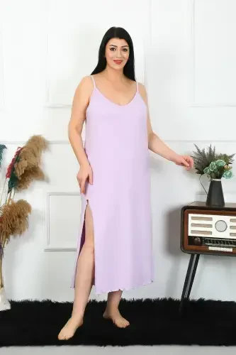 Akbeniz Women's Plus Size Spaghetti Strap Cotton Lilac Long Nightgown 12100 - 4