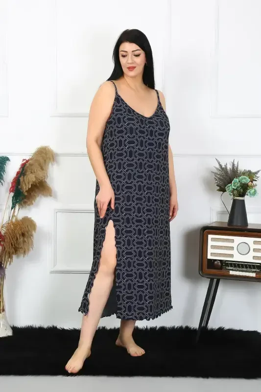 Akbeniz Women's Plus Size Spaghetti Strap Cotton Long Nightgown 12101 - 3
