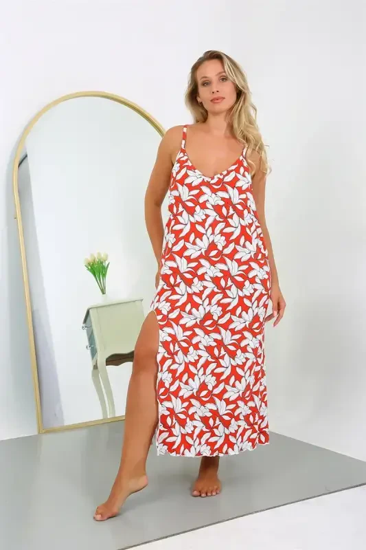 Akbeniz Women's Plus Size Spaghetti Strap Cotton Long Nightgown 12105 - 2