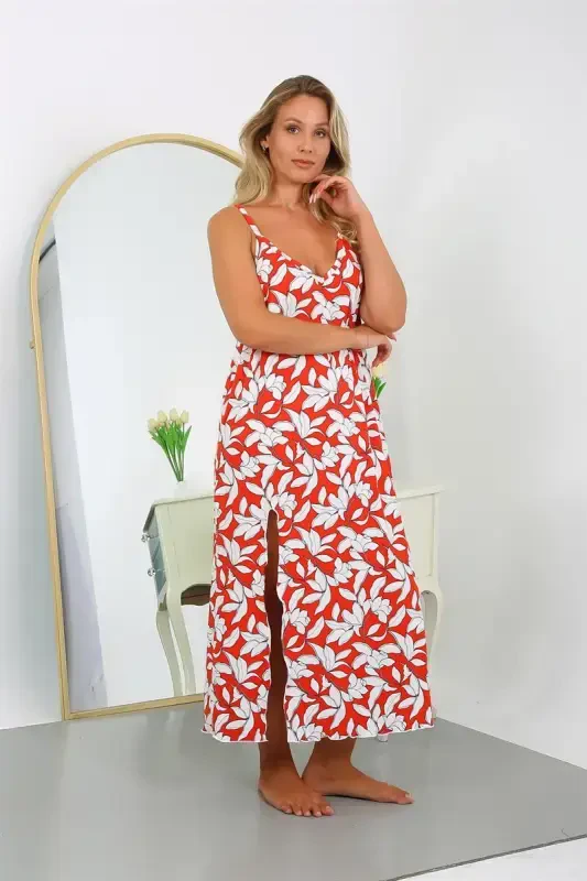 Akbeniz Women's Plus Size Spaghetti Strap Cotton Long Nightgown 12105 - 4