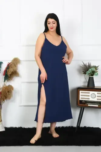 Akbeniz Women's Plus Size Spaghetti Strap Cotton Navy Blue Long Nightgown 12100 - 3