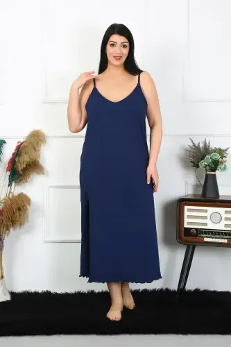 Akbeniz Women's Plus Size Spaghetti Strap Cotton Navy Blue Long Nightgown 12100 - 4