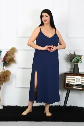 Akbeniz Women's Plus Size Spaghetti Strap Cotton Navy Blue Long Nightgown 12100 - 5