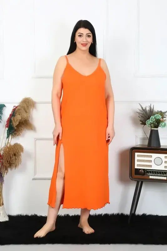 Akbeniz Women's Plus Size Spaghetti Strap Cotton Orange Long Nightgown 12100 - 1