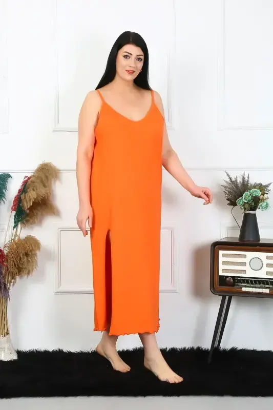 Akbeniz Women's Plus Size Spaghetti Strap Cotton Orange Long Nightgown 12100 - 4