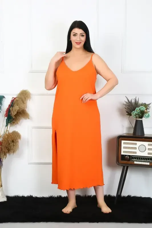 Akbeniz Women's Plus Size Spaghetti Strap Cotton Orange Long Nightgown 12100 - 5