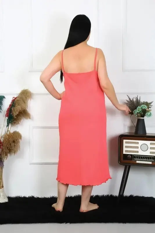 Akbeniz Women's Plus Size Spaghetti Strap Cotton Salmon Long Nightgown 12100 - 3