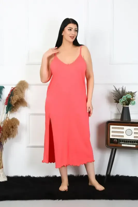 Akbeniz Women's Plus Size Spaghetti Strap Cotton Salmon Long Nightgown 12100 - 4