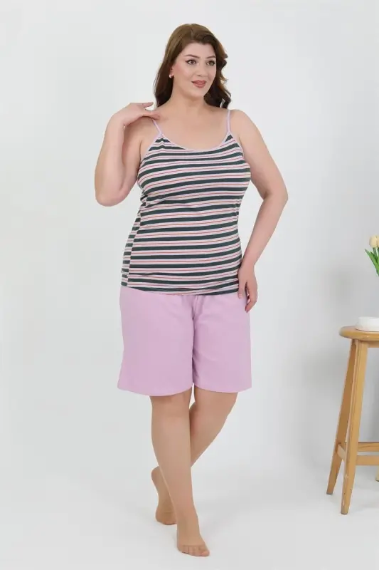 Akbeniz Women's Plus Size Spaghetti Strap Jersey Shorts Set Lilac 202508 - 2