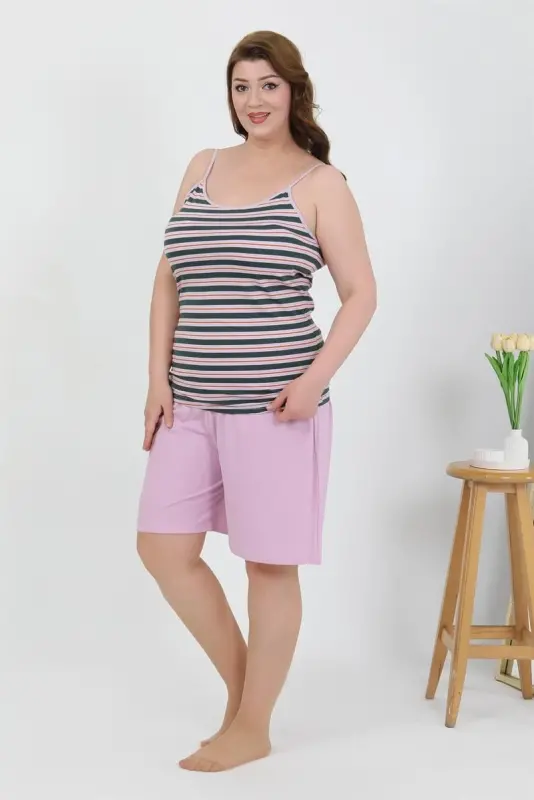 Akbeniz Women's Plus Size Spaghetti Strap Jersey Shorts Set Lilac 202508 - 3