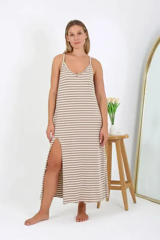 Akbeniz Women's Plus Size Spaghetti Strap Long Nightgown 12109 Milky Coffee - AKBENIZ