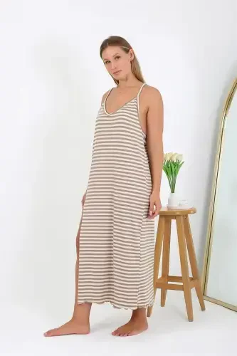 Akbeniz Women's Plus Size Spaghetti Strap Long Nightgown 12109 Milky Coffee - AKBENIZ (1)