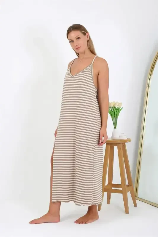 Akbeniz Women's Plus Size Spaghetti Strap Long Nightgown 12109 Milky Coffee - 2