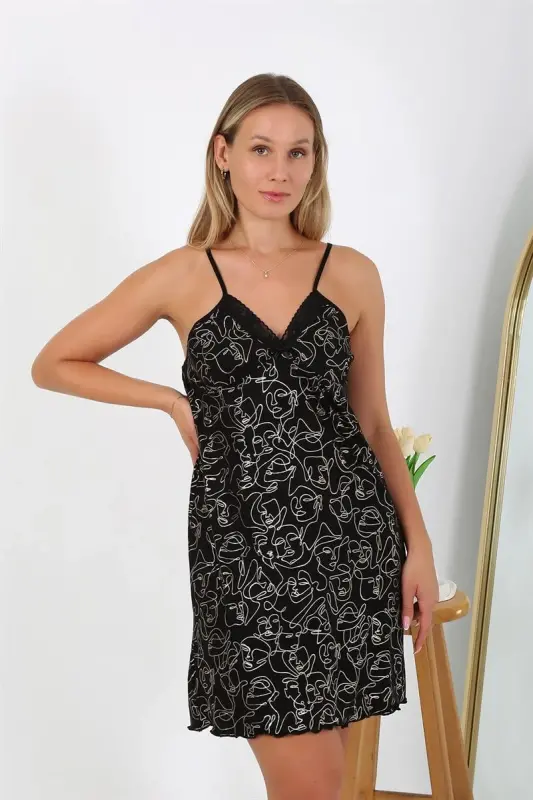 Akbeniz Women's Plus Size Spaghetti Strap Nightgown 98510 Black - 5