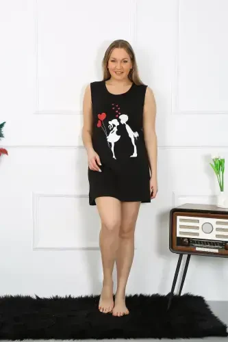 Akbeniz Women's Plus Size Thick Strap Knitted Knee Length Black Nightdress 12501 - 4