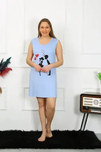 Akbeniz Women's Plus Size Thick Strap Knitted Knee Length Blue Nightdress 12501 