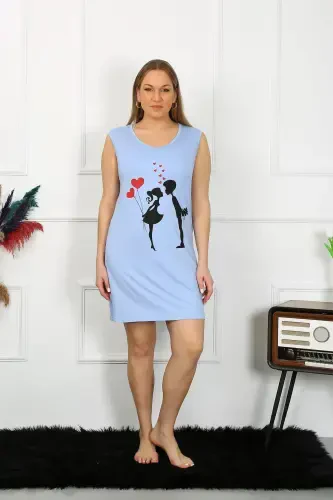 Akbeniz Women's Plus Size Thick Strap Knitted Knee Length Blue Nightdress 12501 - 4