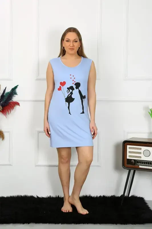 Akbeniz Women's Plus Size Thick Strap Knitted Knee Length Blue Nightdress 12501 - 4