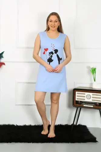 Akbeniz Women's Plus Size Thick Strap Knitted Knee Length Blue Nightdress 12501 - 5