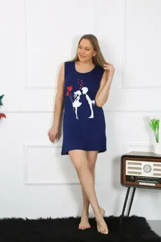 Akbeniz Women's Plus Size Thick Strap Knitted Knee Length Navy Nightdress 12501 - 4