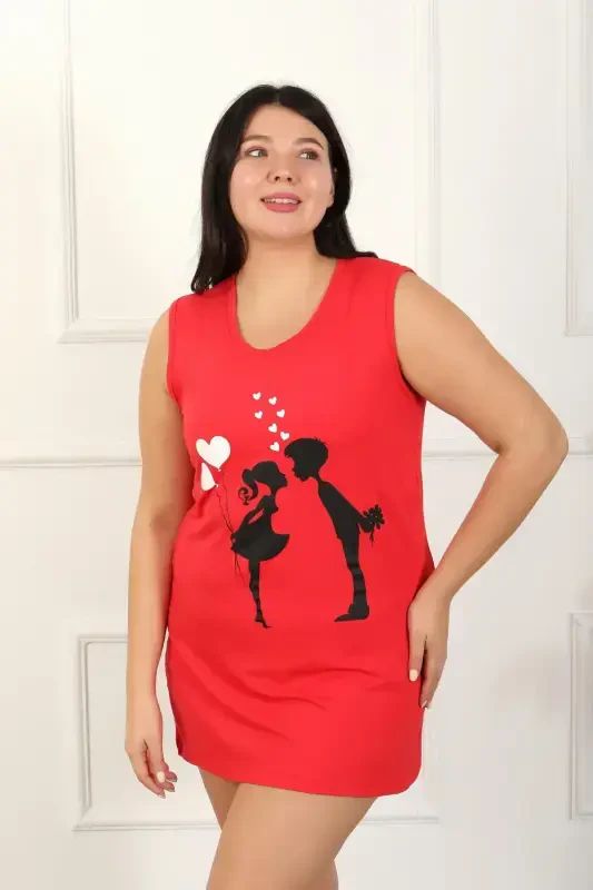 Akbeniz Women's Plus Size Thick Strap Knitted Knee Length Red Nightdress 12501 - 2