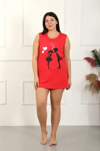 Akbeniz Women's Plus Size Thick Strap Knitted Knee Length Red Nightdress 12501 - 6