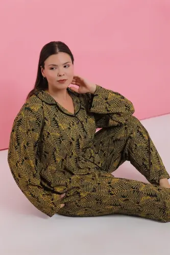 Akbeniz Women's Plus Size Tropical Leaf Patterned Buttoned Pajama Set - 3
