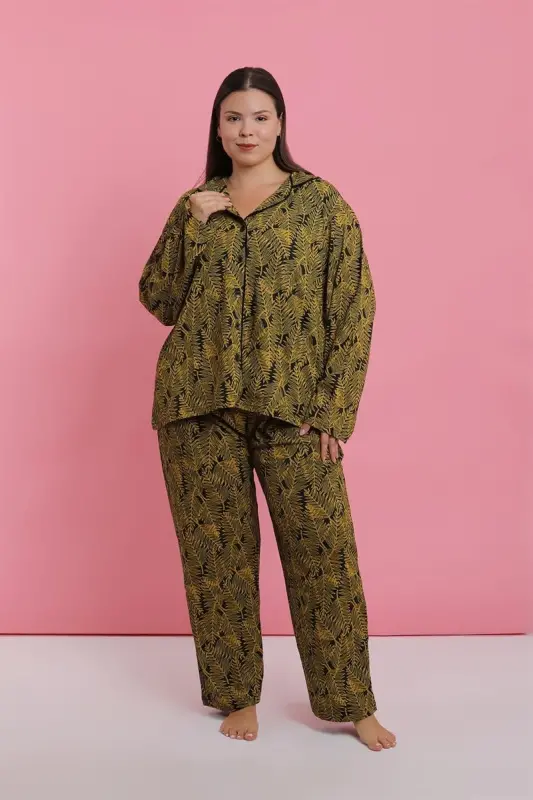 Akbeniz Women's Plus Size Tropical Leaf Patterned Buttoned Pajama Set - 4