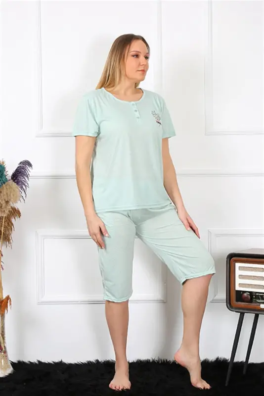 Akbeniz Women's Plus Size Viscose Teal Capri Pajama Set 202193 - 2