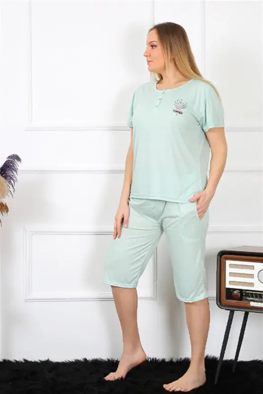Akbeniz Women's Plus Size Viscose Teal Capri Pajama Set 202193 - 4