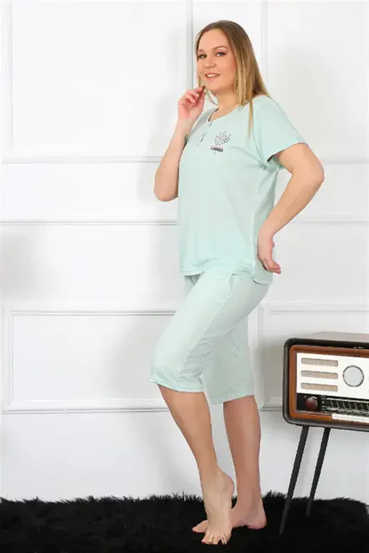 Akbeniz Women's Plus Size Viscose Teal Capri Pajama Set 202193 - 3