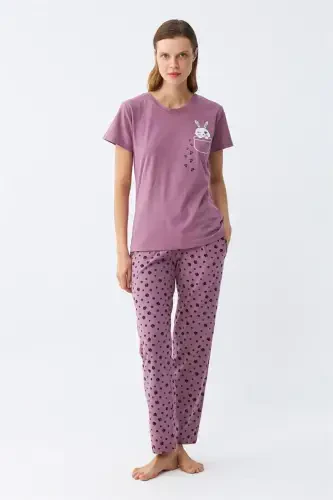 Akbeniz Women's Purple Paw Print Pocketed Pajama Set - 5