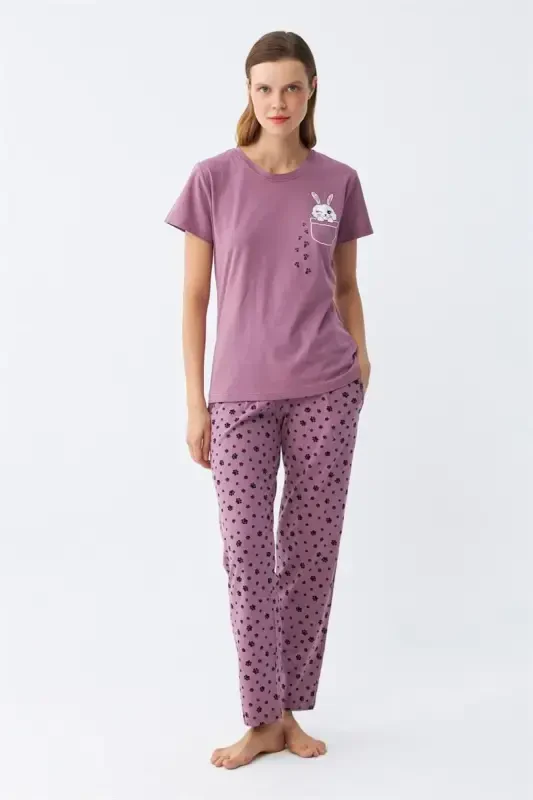 Akbeniz Women's Purple Paw Print Pocketed Pajama Set - 5